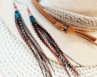 Long Feather Earrings/ black boho earrings/ southwestern earrings/ western earrings/ real feather earrings/ brown feather earring/ boho gift