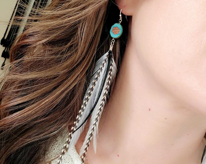 Beaded feather earrings, real feather earrings, floral earrings, western earrings, boho earrings, gypsy earrings, white feather earrings