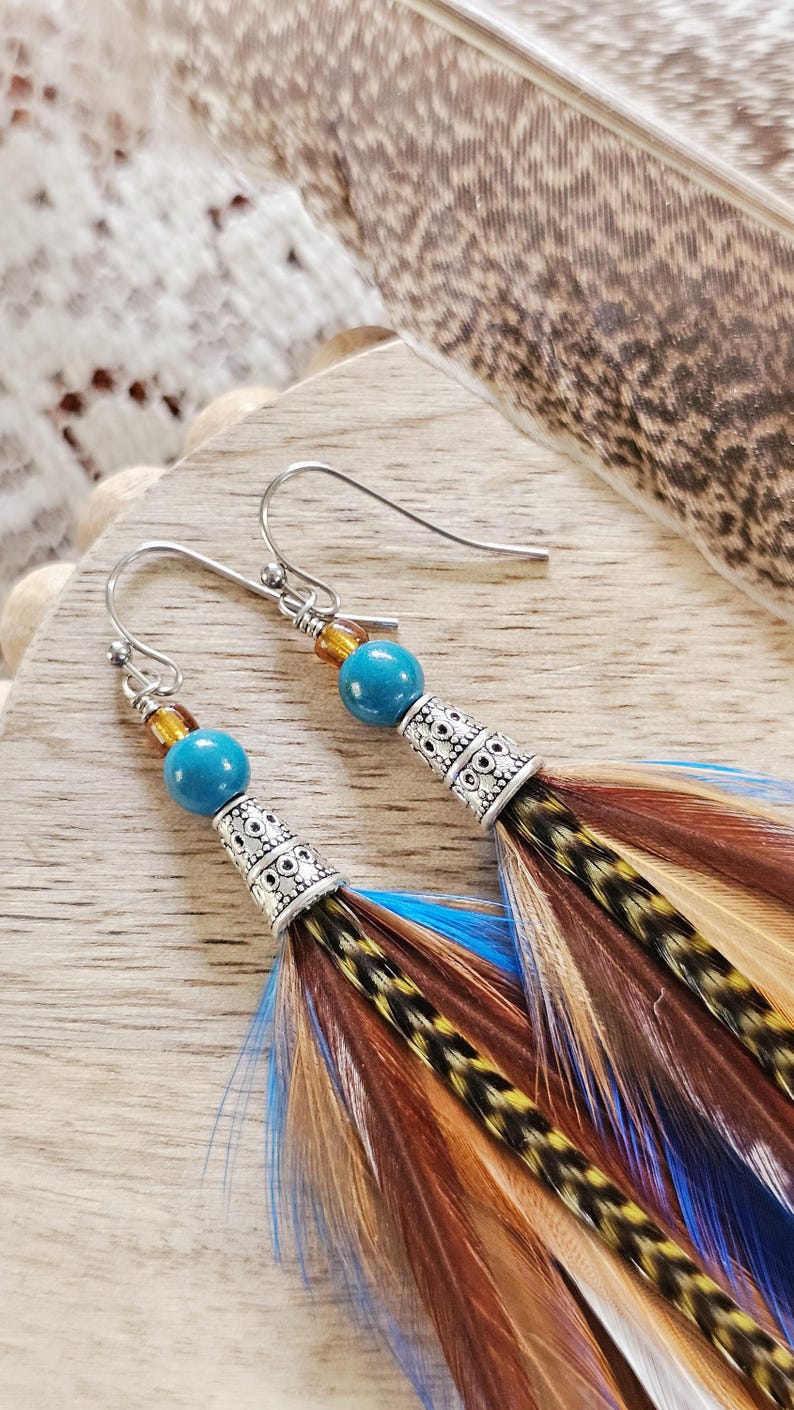 May include: A pair of dangle earrings featuring a silver-tone metal cone with a decorative pattern, turquoise beads, and colorful feathers in shades of brown, blue, and yellow. The earrings have a hook closure.