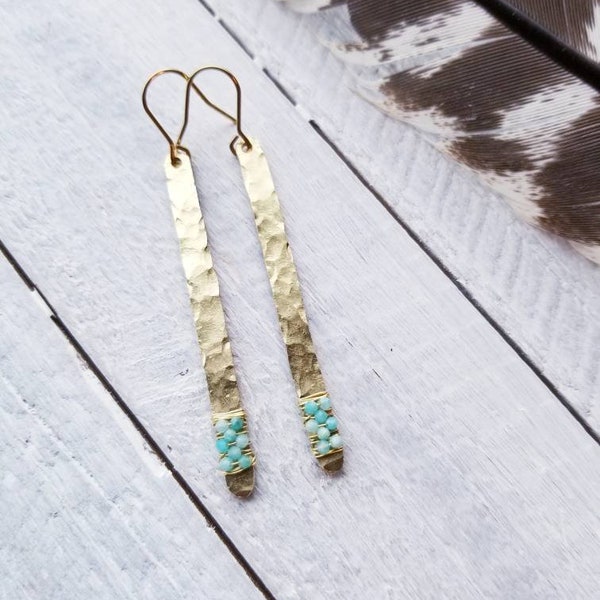 Dainty hammered earrings, minimalist earrings, amazonite earrings, hammered bar earrings, wire wrapped earrings, dainty earrings, amazonite