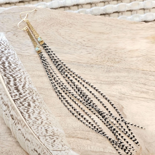 Long Feather Earrings, Amazonite Beads, Boho Western Style