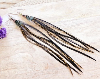 Long Black Feather Earrings, Bohemian Jewelry, Black and Green Feathers