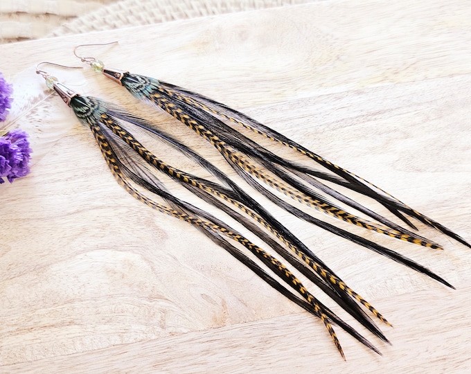 Black feather earrings, green feather earrings, long feather earrings, western earrings, bohemian earrings, long boho earrings, boho gifts N