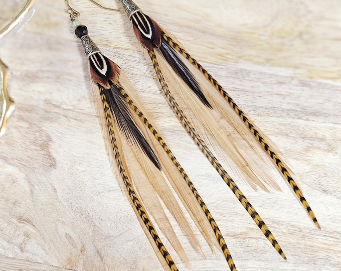 Tan feather earrings, feather earrings, real feather earrings, tan boho earrings, tan western earrings, western earrings, boho gifts for her
