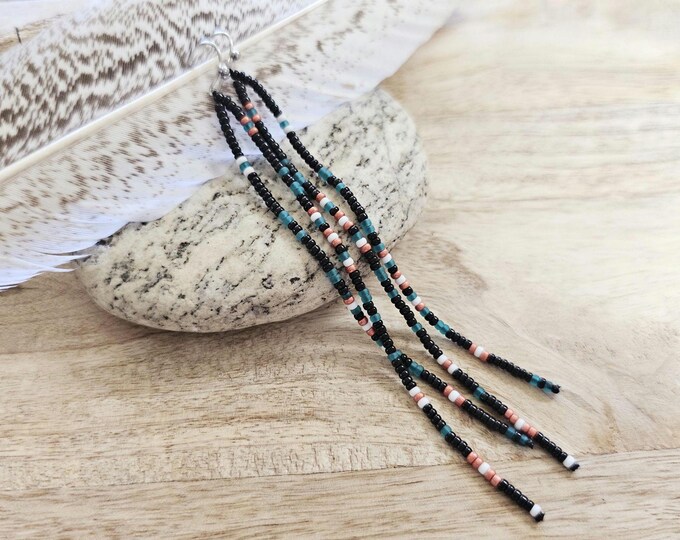 Long beaded earrings, seed bead earrings, patterned beaded earrings, teal boho beaded earring, western fringe earring, black beaded jewelry