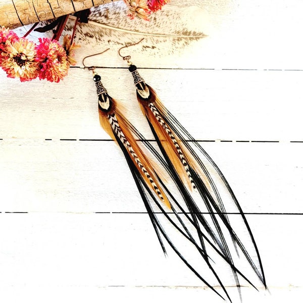 Feather earrings/ real feather earrings/ long feather earrings/ black feather earrings/ boho earrings/ southwestern earrings/ fall earringsC