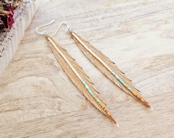 Beaded leather earring, leather feather earring, seed bead earring, western beaded earring, leather fringe earring, rodeo earring, boho gift