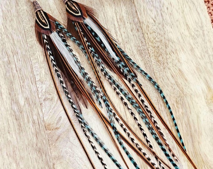 Long Teal Feather Earrings, Boho Hippie Jewelry