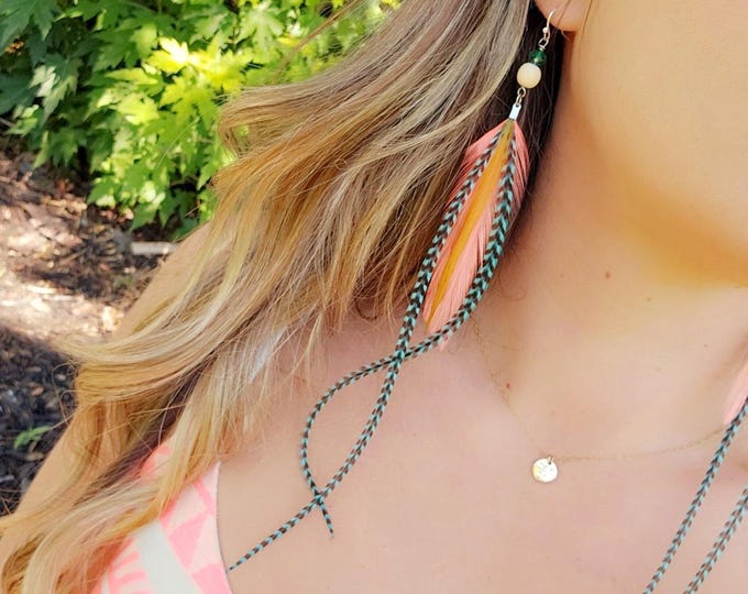 Neon Coral Feather Earrings: pink feather earrings, summer festival jewelry, teal feather jewelry, festival jewelry, colorful boho jewelry