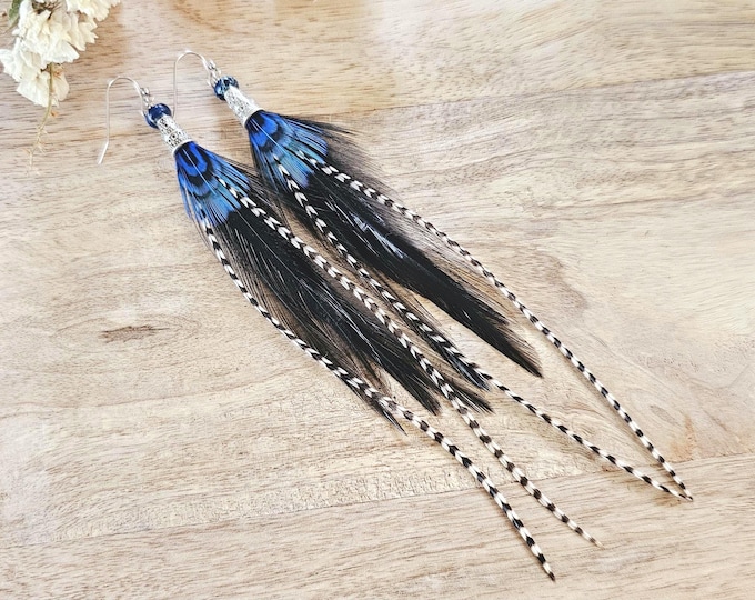 Royal Blue feather earring, black feather earring, blue jasper earring, western earring, boho earring, festival earring, blue boho earring
