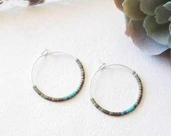 Boho Seed Bead Hoop Earrings, Olive Bronze Eucalyptus