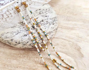 Long Seed Bead Earrings: long beaded earring, cream beaded earring, colorful seed bead jewelry, beaded dangle earring, long boho earring