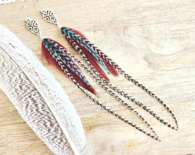 Red Feather Earring: red southwestern jewelry, long feather earring, red cowgirl earring, blue feather earrings, red boho jewelry, boho gift
