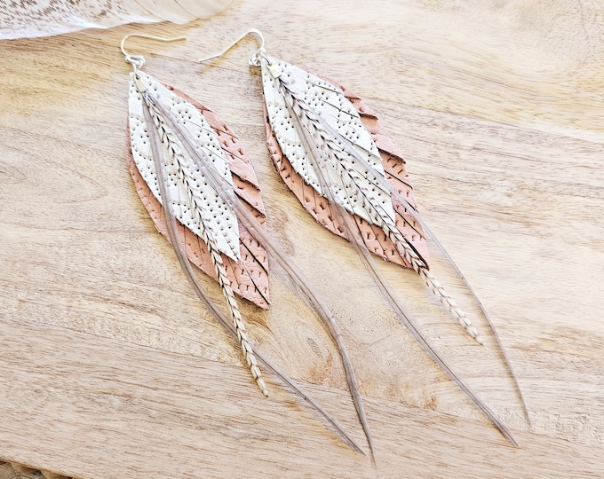 Leather feathers earring, leather earrings, feather earrings, pink leather earrings, heart earring, rodeo earrings, western earrings, gifts