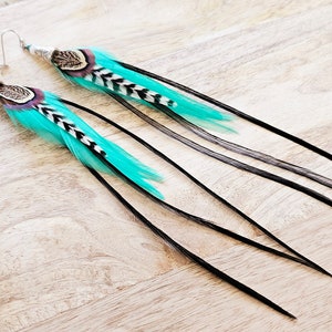 Turquoise Feather Earrings: long feather earrings, teal feather jewelry, boho western jewelry, real feather earrings, feather accessories