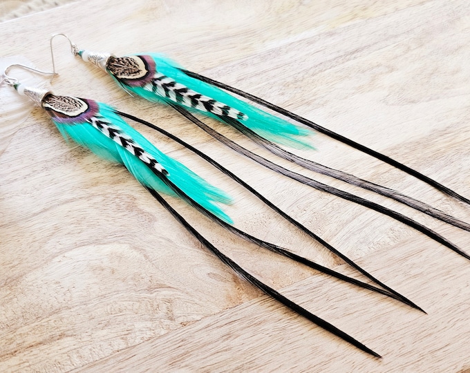 Turquoise Feather Earrings: long feather earrings, teal feather jewelry, boho western jewelry, real feather earrings, feather accessories
