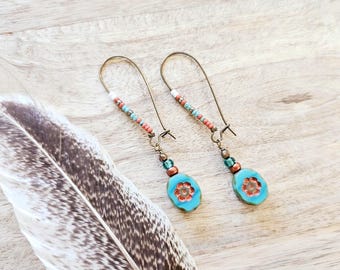 Turquoise Flower Beaded Earrings: flower jewelry, boho flower earring, seed bead jewelry, copper beaded earring, turquoise gifts for her
