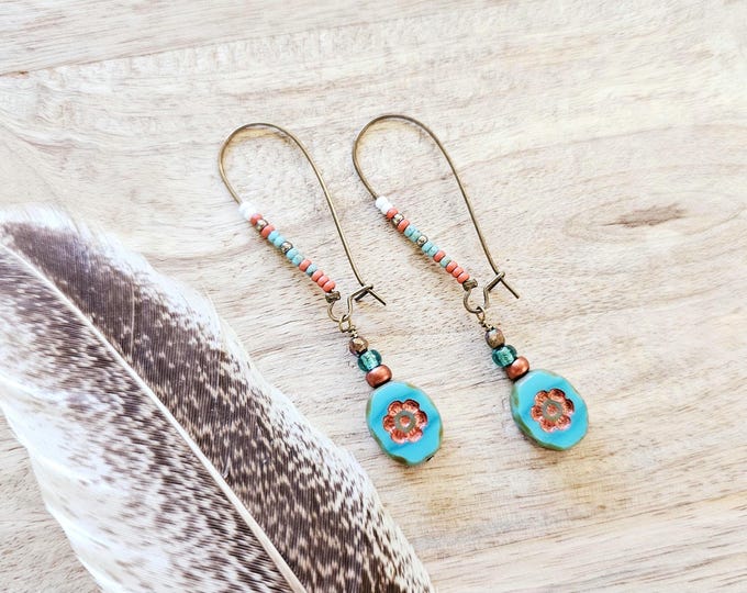 Turquoise Flower Beaded Earrings: flower jewelry, boho flower earring, seed bead jewelry, copper beaded earring, turquoise gifts for her