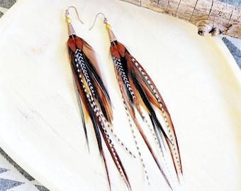 Long Feather Earrings/ feather earrings/ natural feather earrings/ western earrings/ southwestern earrings/ brown feather earrings/ gifts