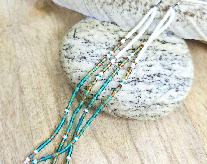 Long Seed Bead Earrings: emerald beaded jewelry, green seed bead jewelry, beaded fringe earring, teal beaded accessorie, boho beaded jewelry