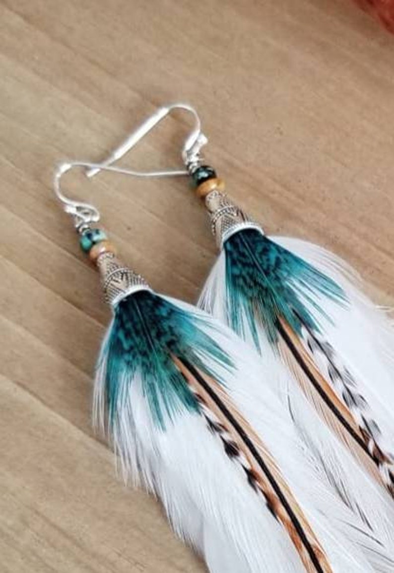 Feather earrings, real feather earrings, bohoemian earrings, western earrings, hippie earrings, gypsy earrings, white feather earrings image 3