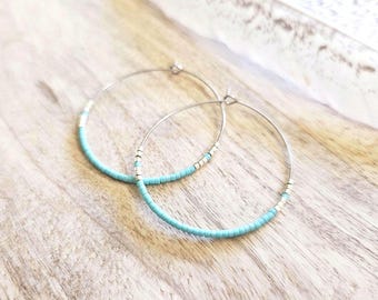 Seed Bead Hoop Earrings: boho hoop earring, western hoop earring, beaded boho jewelry, turquoise beaded earring, teal beaded hoop earring