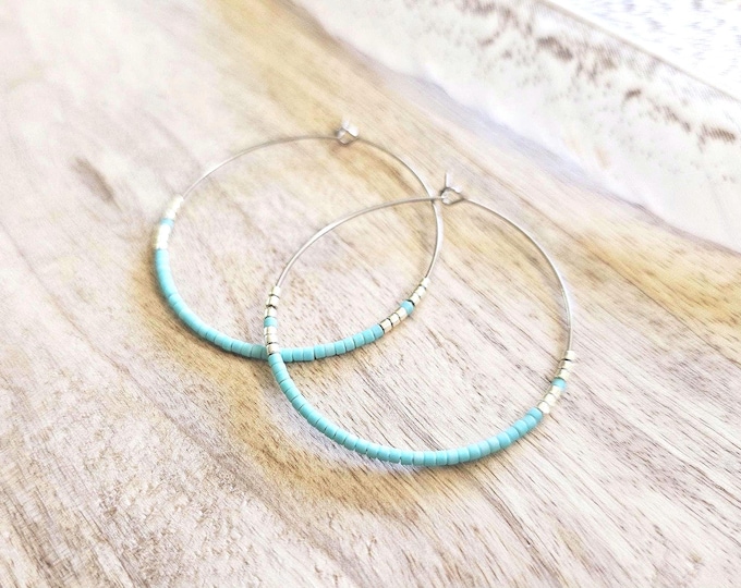 Seed Bead Hoop Earrings: boho hoop earring, western hoop earring, beaded boho jewelry, turquoise beaded earring, teal beaded hoop earring