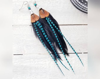 Feather earrings/ statement earrings/ black boho earrings/ western earrings/ rodeo earrings/ black feathers/ long feather earrings/ gifts