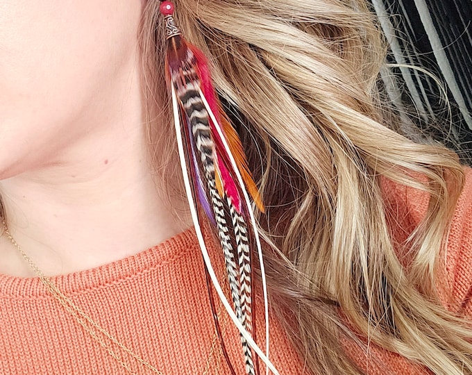 Long Feather Earrings: statement boho jewelry, colorful feather earring, pink boho jewelry, feather accessories, bohemian accessories, gifts