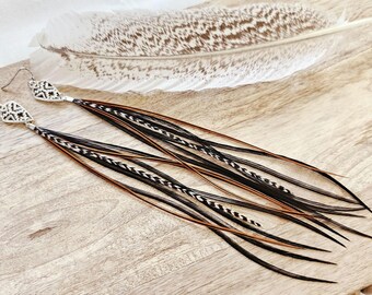 Black Western Earring, southwestern earring, long feather earring, rodeo earrings, brown feather earrings, concert earrings, feather earring