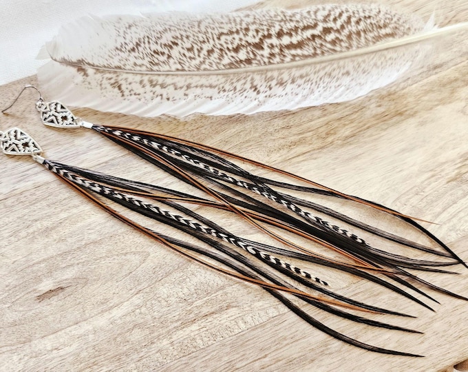 Black Western Earring, southwestern earring, long feather earring, rodeo earrings, brown feather earrings, concert earrings, feather earring