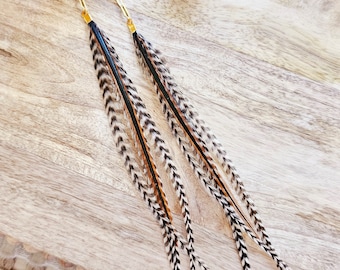 Feather Earrings/ black feather earrings/ bohemian earrings/ real feather earrings/ long feather earrings/ western jewelry/ brown feathersC