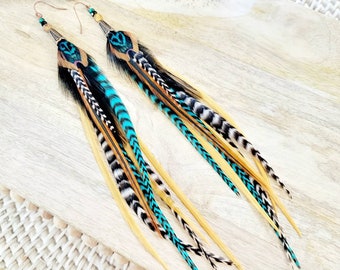 Long Feather Earrings, teal boho earrings, southwestern earrings, statement earring, teal feather, boho gift, rodeo earring, concert earring