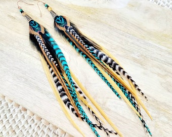 Long Feather Earrings/ boho earrings/ southwestern earrings/ statement earrings/ feathers/ boho gifts/ rodeo earrings/ concert earrings