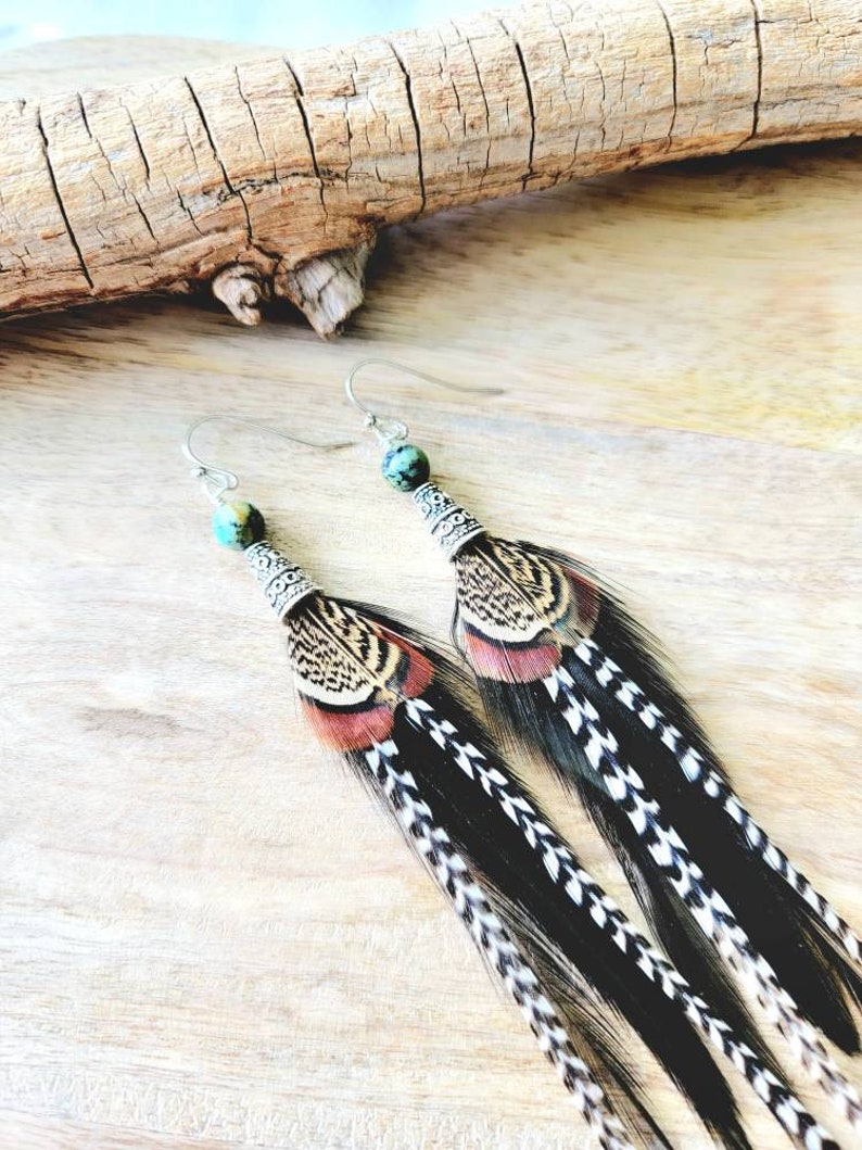Feather Earrings/ black feather earrings/ boho feather earrings/ real feather earrings/ small feather earring/ black boho earring/boho gifts image 2