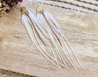 White Feather Earrings, white boho earrings, white western earring, dangle and drop earrings, boho wedding earrings, long feather earrings N