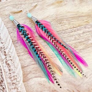 Bright Feather Earrings, rainbow earrings, colorful boho earrings, summer earrings, feather earrings, western earrings, festival earrings, N
