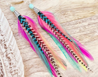 Bright Feather Earrings, rainbow earrings, colorful boho earrings, summer boho earrings, feather earrings, rodeo earrings, festival earrings