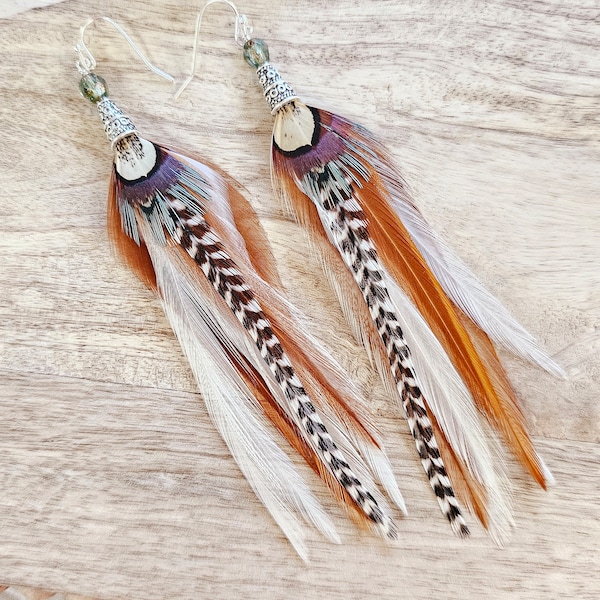 Feather earrings, real feather earrings, bohemian earrings, brown feather earrings, white feather earrings, neutral feather earrings, gifts