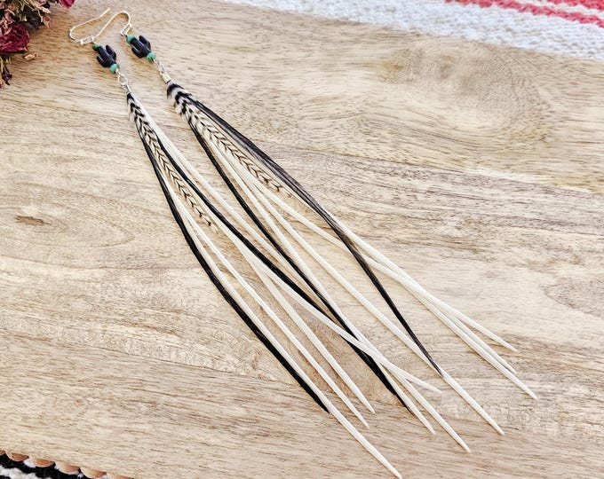 Cactus Feather Earrings, long feather earring, real feather earring, white feather earring, cactus earring, western earring, feather earring