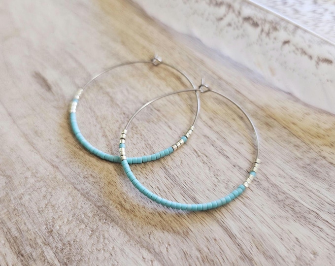 Seed Bead Hoop Earrings: boho hoop earring, western hoop earring, beaded boho jewelry, turquoise beaded earring, teal beaded hoop earring