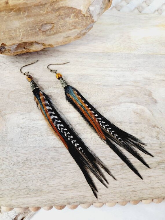 Feather Earrings, black feather earrings, boho earrings, real feather  earrings, small feather earring, gifts for her, fall earrings, western