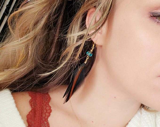 Black Feather Earrings, black boho earrings, turquoise feather earrings, short feather earrings, glam earrings, real feather earring, gifts