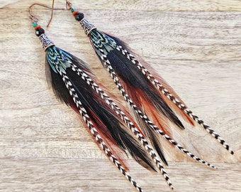 Boho Feather Earrings, Teal Pheasant Plumage, Antiqued Copper