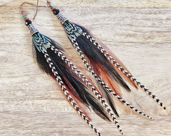 Feather earrings, black boho earrings, western earrings, black feather earrings, brown feather earrings, boho gifts, real feather earrings