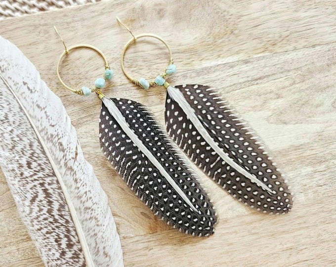 Amazonite Feather Earrings: guinea feather earring, stone wrapped hoops, amazonite feather jewelry, real feather earring, raw stone jewelry