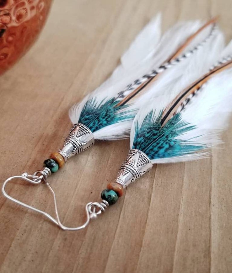Feather earrings, real feather earrings, bohoemian earrings, western earrings, hippie earrings, gypsy earrings, white feather earrings image 2