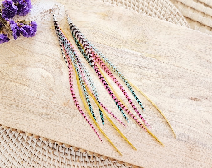Colorful Feather Earrings, feather earrings, rainbow earrings, bohemian earrings, long feather earring, pink earrings, summer earring, gifts