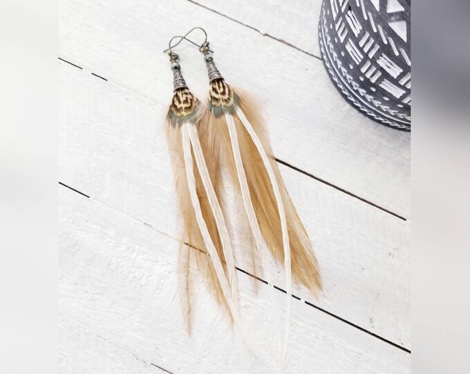 Feather earrings, boho earrings, western earrings, tan boho earrings, boho wedding earrings, western wedding earrings, fall earrings, gifts