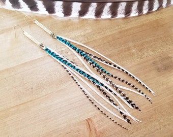 Long boho feather earrings, boho wedding earrings, dramatic earrings, long feather earrings, gold bar earrings, boho beaded earrings